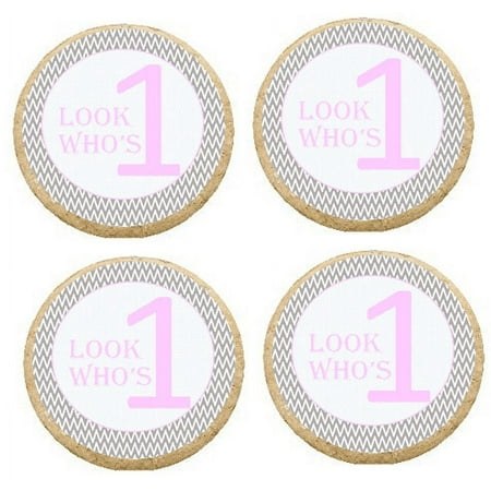 12 - 2 inch Look Whos One Pink Edible Cupcake Image Toppers