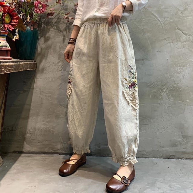 Simua Women's Harem Pants, Vintage Lace Embroidered Patchwork High Waist Ruffle Trousers with Pockets