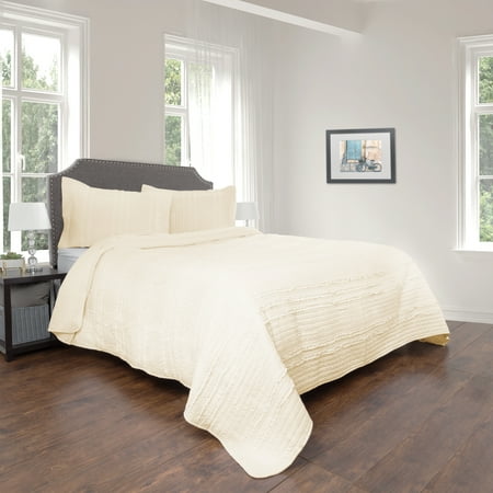 Quilt Bed Quilt and Sham Set- Hypoallergenic 2 Piece Oversized Twin Quilt Bed Set with Striped Ruffle Design- Kadyn Series By Lavish Home (Ivory) ()