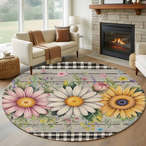 Vintage Daisy Floral Round Area Rug 6Ft Washable Circle Rugs for Bathroom Office, Spring Flowers Botanical Leaves Checkered Wooden Non-Slip Carpet Floor Mats Indoor Outdoor Carpet Runner Home Decor