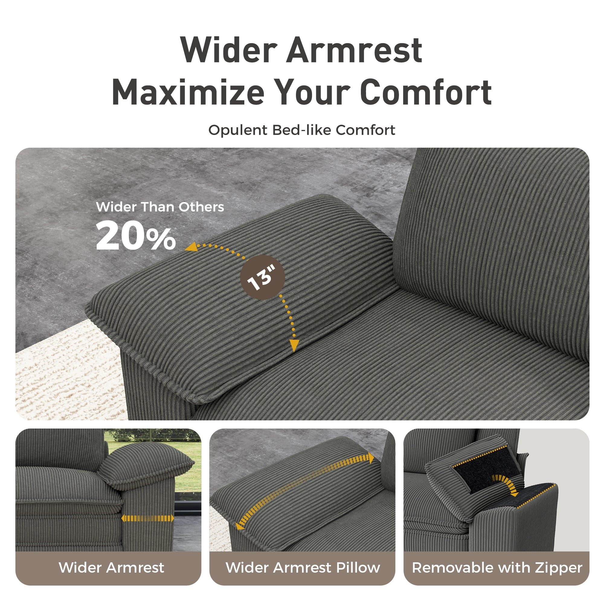 Sophia&William 3-Seat Modular Sectional Sofa Sets, Oversized Corduroy Cloud Couch with Deep Seat & 3 Throw Pillows for Living Room,Gray