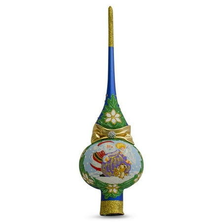 Glass Topper - Santa with an Angel Blue Glass Christmas Tree Topper 11 Inches