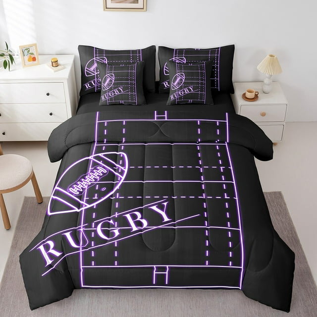 YST Teens Football 7-Piece Comforter Set, Sports Theme, Black Purple, Queen