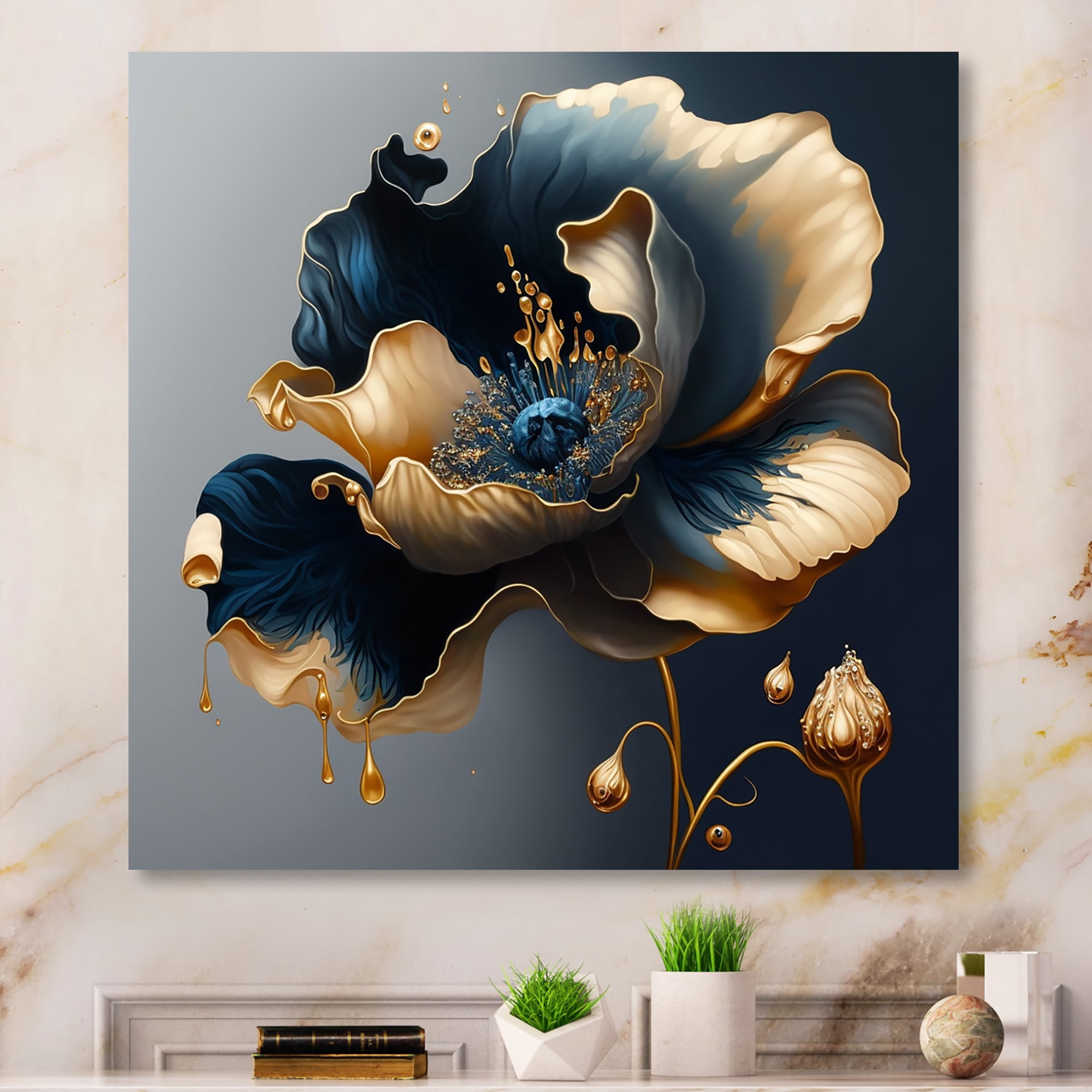 Designart Deep Blue And Gold Single Flower II Canvas Wall Art