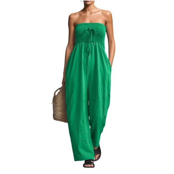 Women's Strapless Linen Jumpsuit - Boho Smocked Loose One Piece Wide Leg Pants Romper with Pockets
