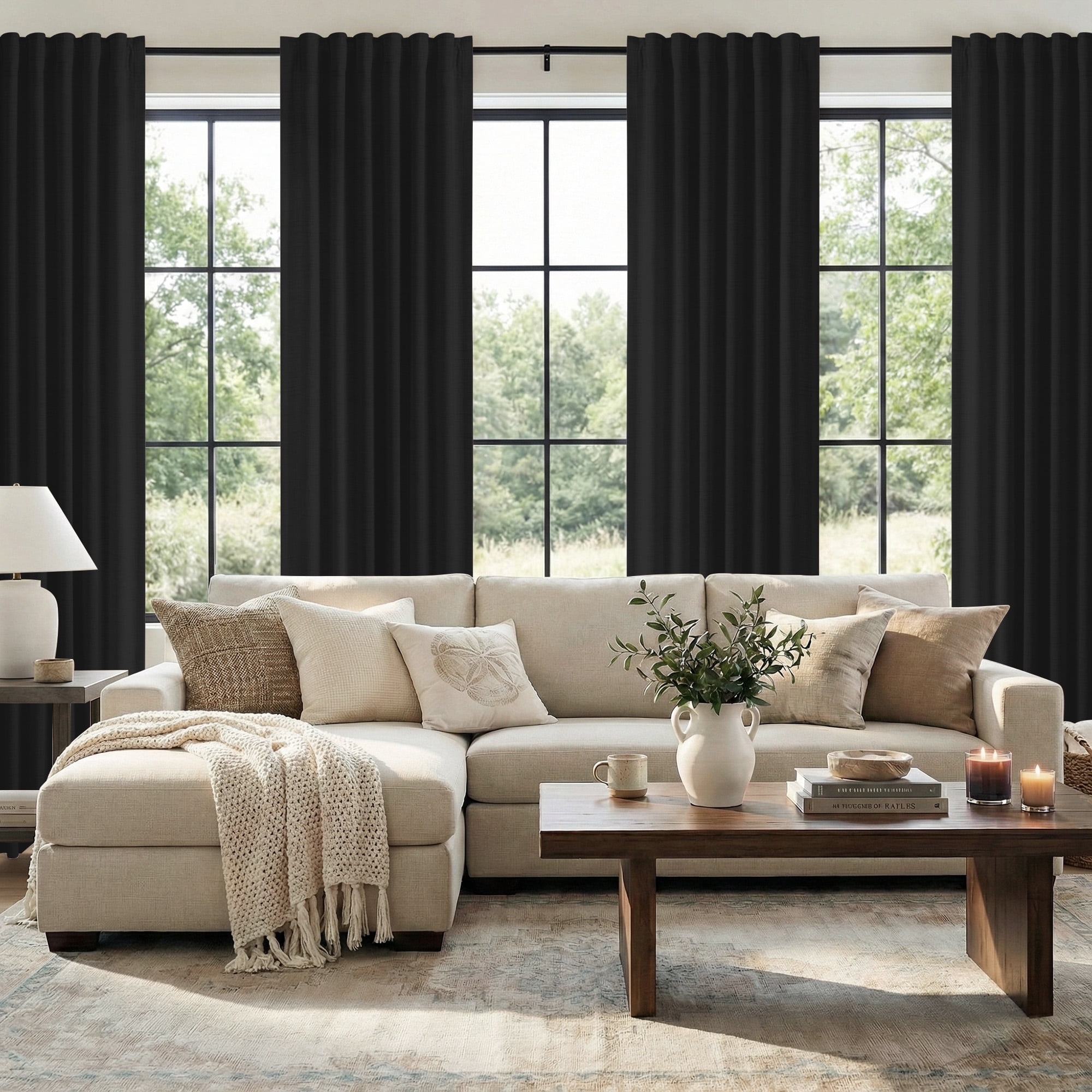 KoshiMe Faux Linen 100% Blackout Curtains for Living Room Bedroom,84 Inch Long Thermal Insulated Back Tab Window Curtains,Black