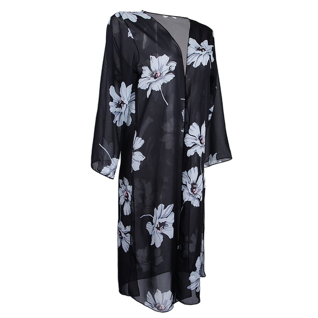 Cárdigan de kimono floral largo negro Traje de baño informal SM SunniMix mujeres del kimono de la gasa