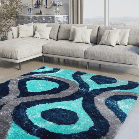 Optima Bel Air Abstract Aqua Blue 8x10 ft Shag Area Rug