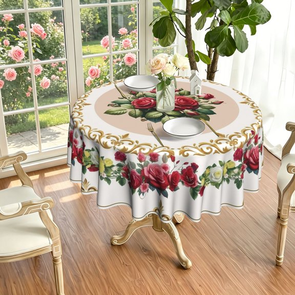 Ornate Vintage Rose Round Table Cover (35/49/60/71 Inch), Wear-resistant Cloth, Designed for Beach Parties, Casual Celebrations & Daily Kitchen Table Use