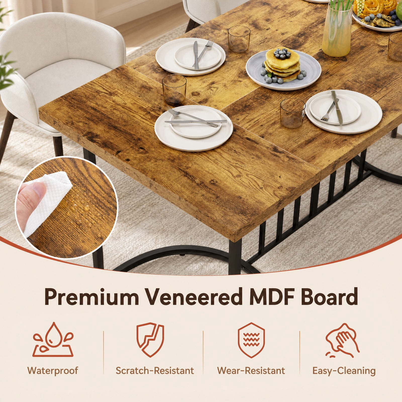 Furnibear 71 Inch Large Rectangular Dining Table for 6 to 8 People with Heavy Duty Metal Frame for Kitchen and Restaurant, Rustic Brown