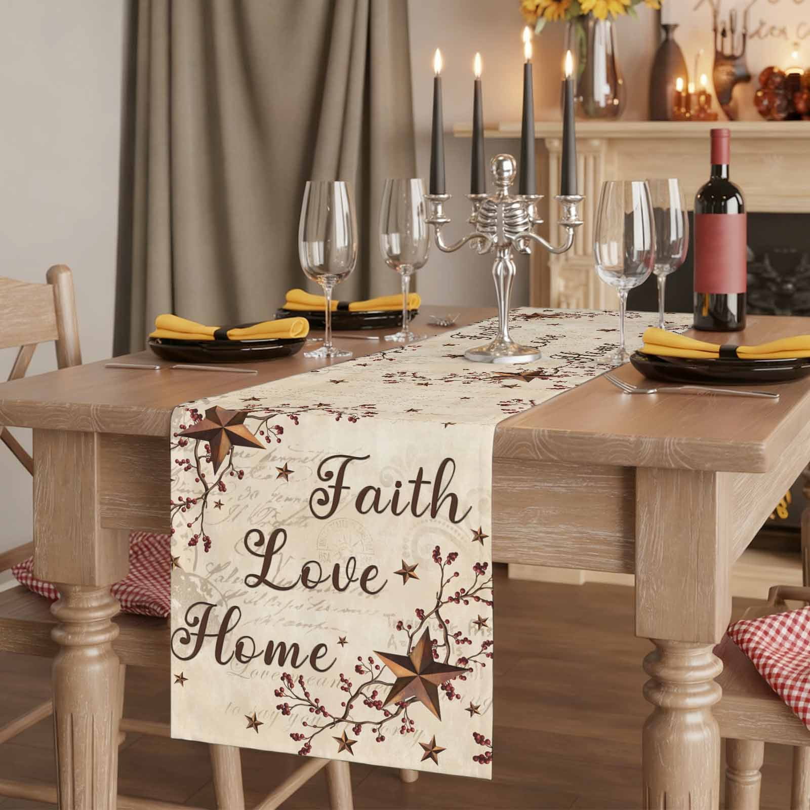 Brown Farmhouse Cotton Linen Table Runner for Dining Kitchen, Retro Country Stars Rustic Branches Berry Wedding Outdoor Party Tablerunners, Dresser Scarf Coffee Tablecloth Runners 13x120 Inches