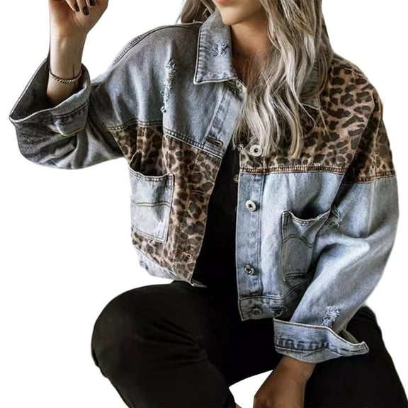 Womens Button Down Distressed Leopard Denim Jean Jacket Washed Long Sleeve Ripped Cheetah Jean Coat Light Blue XXXL