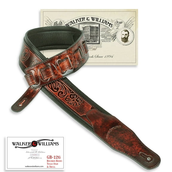 Walker & Williams GB-126 Bourbon Brown Padded Guitar Strap Texas Stars & Skulls