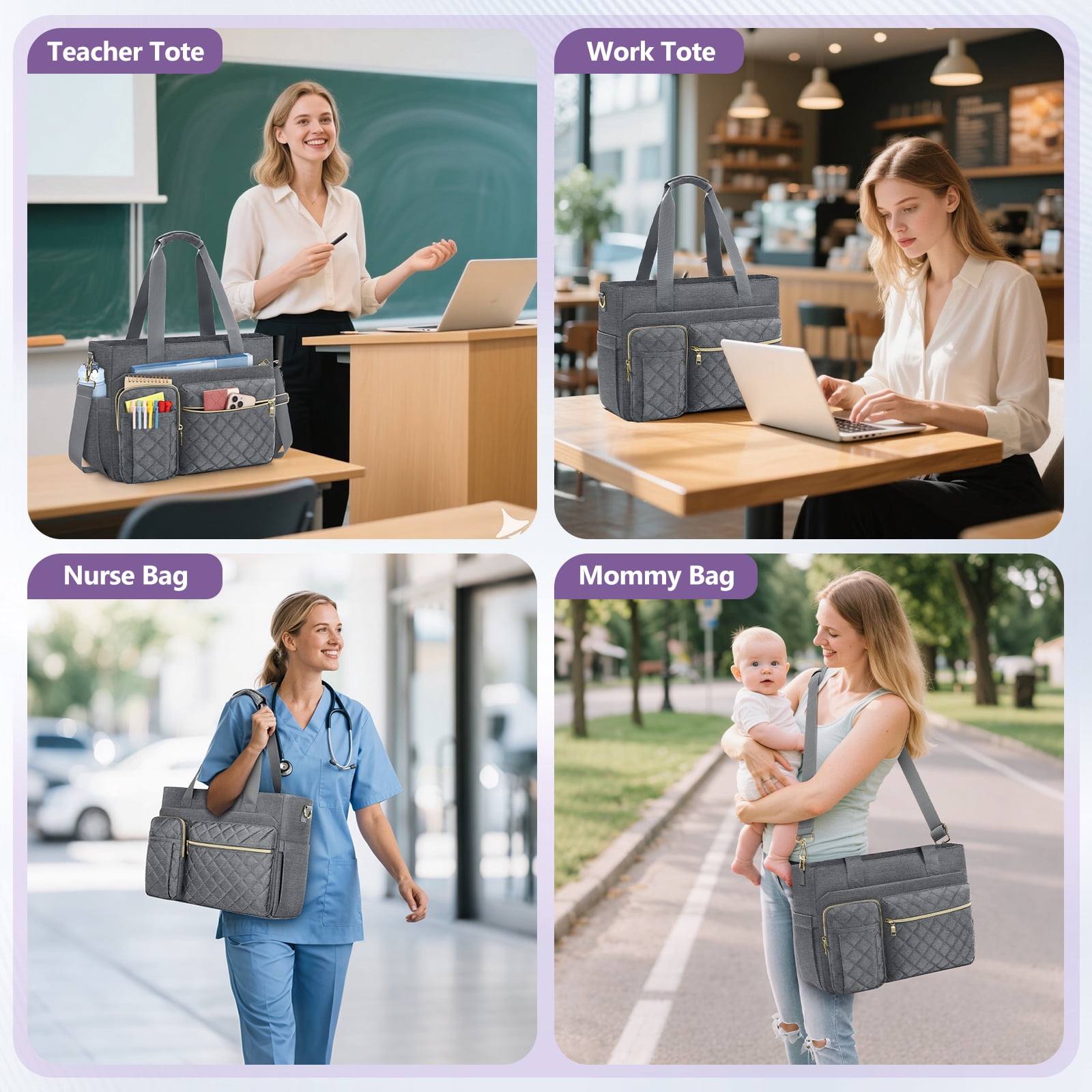 Teacher Tote Bag 15.6 inch Laptop Bag for Women Laptop Briefcase Work Bags Nurse Tote Professional Computer Messenger Shoulder Bags for Office, College, Nursing,Grey