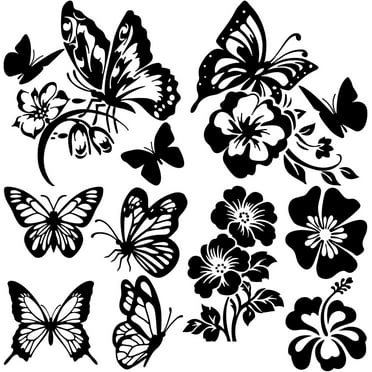 4 Styles 4Pcs Butterfly Car Sticker Black Hibiscus Flower Hawaiian Reflective Car Bumper Decals Waterproof PET Automotive Exterior Decor Stickers for SUV Truck Motorcycle Doors Walls Laptop