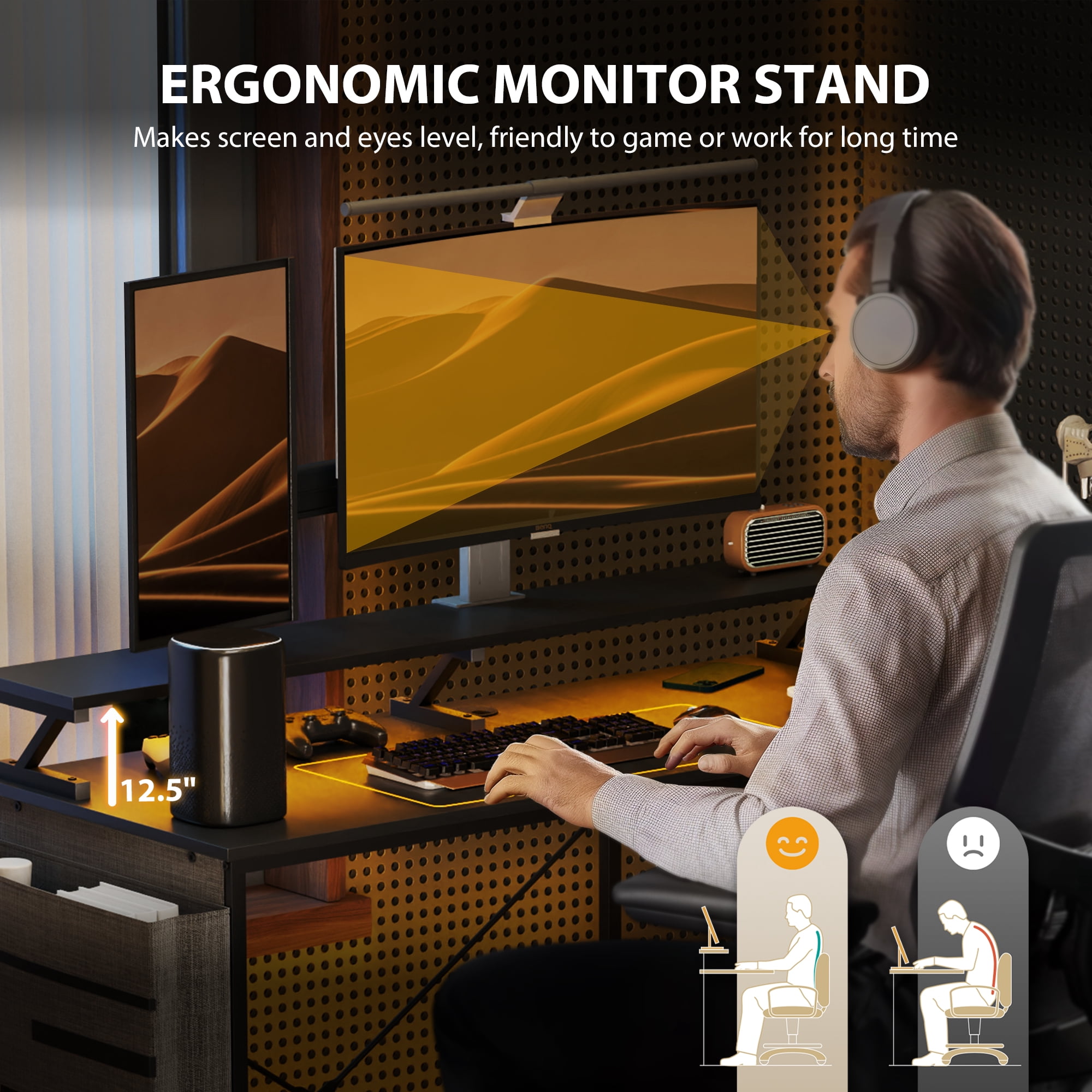 HOMCOM 58" Reversible L Shaped Desk with Storage Bag, Corner Computer Desk with Power Outlet and LED Light, Monitor Shelf and CPU Stand, Black