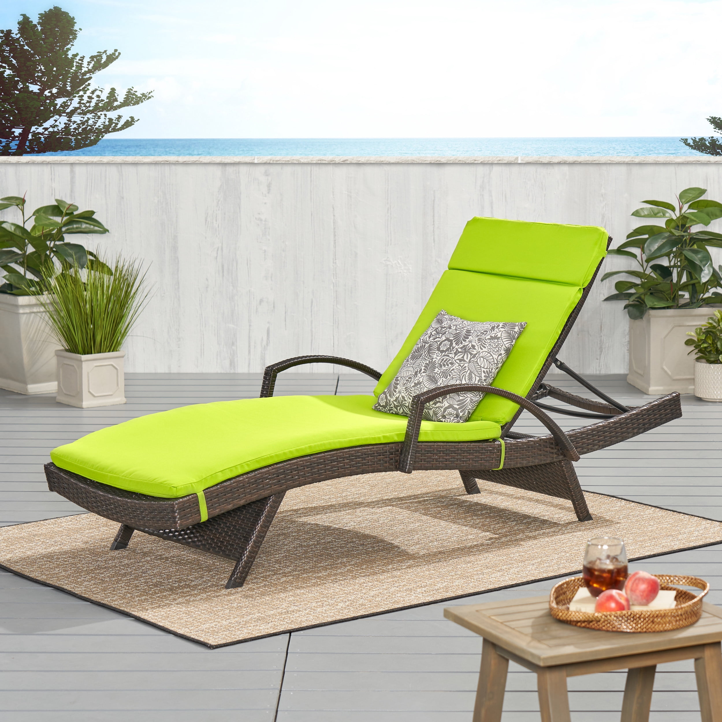 Anthony Outdoor Wicker Adjustable Chaise Lounge with Arms and Cushion, Multibrown, Green