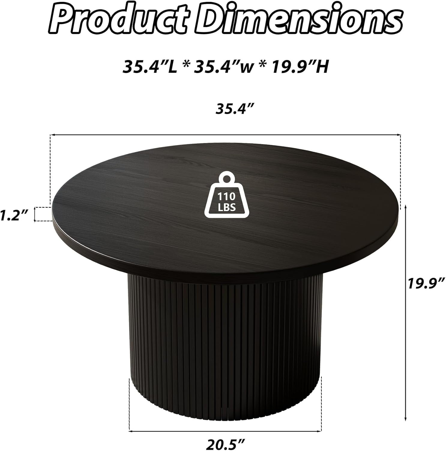 FURNIWAY Black Round Coffee Table with Storage, 35" Coffee Tables for Living Room, Circle Wood Accent Center Table for Apartment