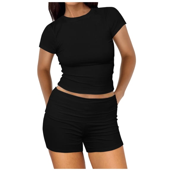 Laipiong Women 2 Piece Casual Suits Pleated Short Sleeve Top and High Waisted Wide Leg Pants Slim Fit Workout Tracksuit Sets women 2 piece outfits sets