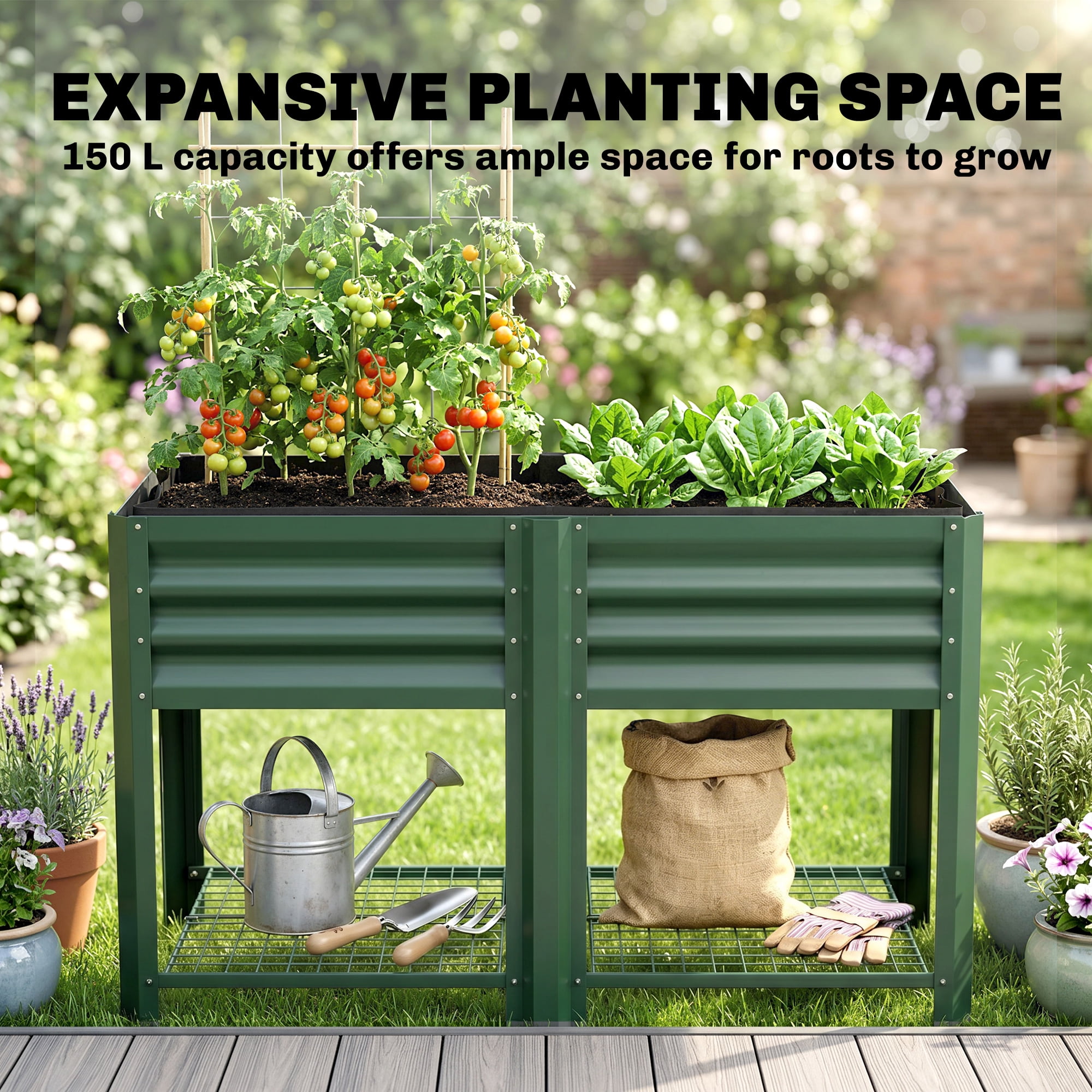 Outsunny Raised Garden Bed Galvanized Steel, Elevated Planter Box with Storage Shelf, Bed Liner, Green