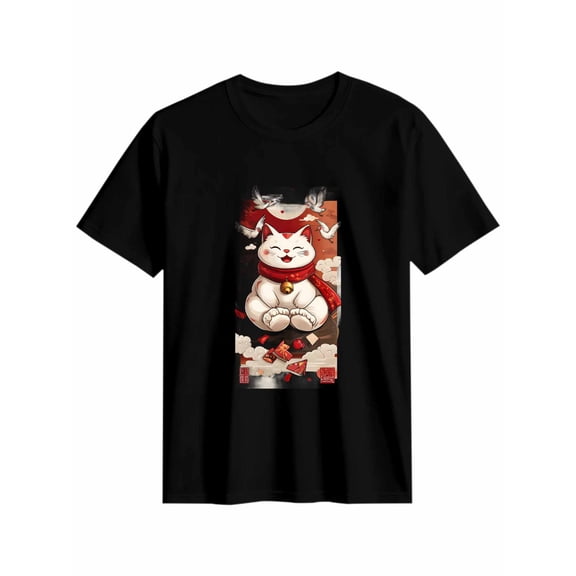 Women's T-Shirt Japanese Style Lucky Cat Crane Short Sleeve Casual Tee Classic Crew Neck T Shirt for Women Black, 2XL