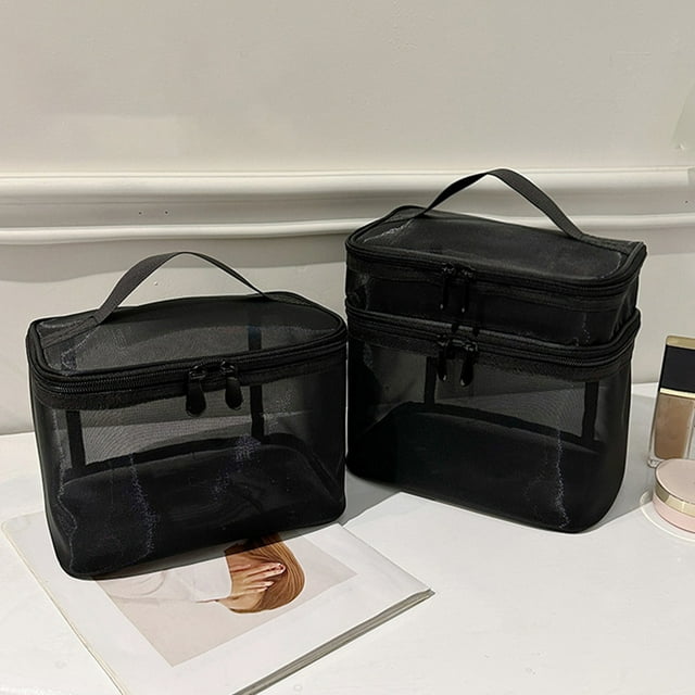 Xihbxyly Neceser de Malla Negra, Diseño de Doble Capa, Organizador de Viaje Fácil, Nailon, Asa Portátil, Gancho para Baño, Gran Capacidad, para Guardar Maquillaje Diario y Artículos de Aseo Personal,