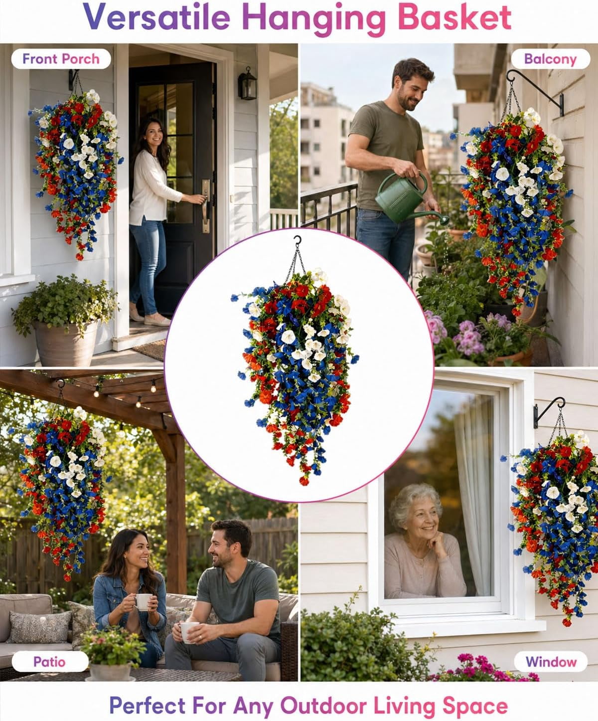 2PCS Red White Blue Artificial Hanging Flowers Outdoor, 250th Anniversary Patriotic Fake Flowers for 4th of July Independence Memorial Day Garden Yard Porch Patio Home Decor(C)