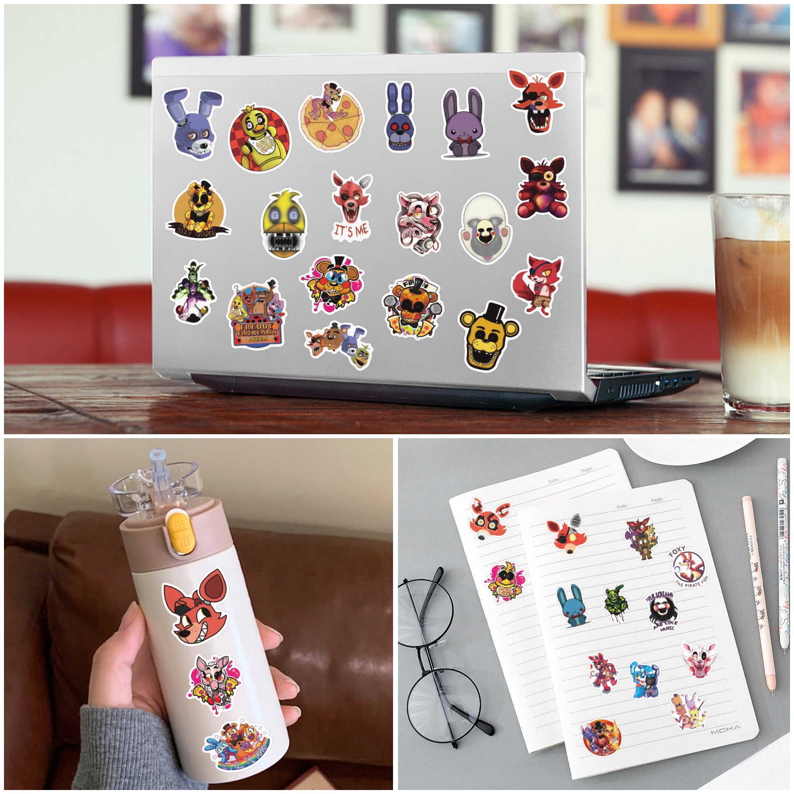 Cute Freddy Action Figures Birthday Toys and 100pcs Stickers, With Button Lights Up Movable Joints Collectible Toys, Birthday | Children's Day | Christmas Gifts for Kids and Fans