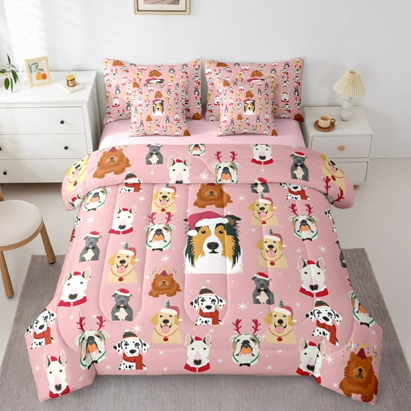 Feelyou Pink Cartoon Dog Twin Bedding Sets 7-Piece for Teen, Cute Christmas Animal Bedding Comforter Set, Santa Claus Hat Reversible Sheet Sets, Breathable Home Decor