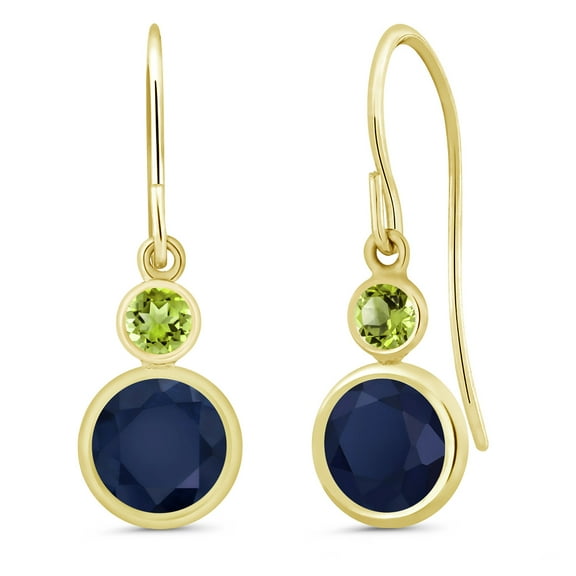 Gem Stone King 14K Yellow Gold Blue Sapphire and Green Peridot Drop Dangle Earrings for Women (2.36 Cttw, Gemstone September Birthstone, Round 6MM and 3MM)