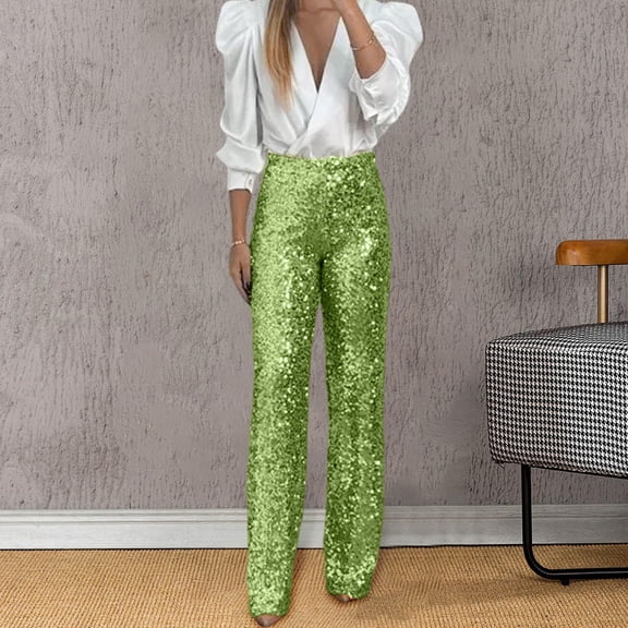 Endives Women's Sequin Pant Elegant Glitter Sequins Wide Leg Casual Pant Solid Color Elastic Waistband Sequin Trousers Green