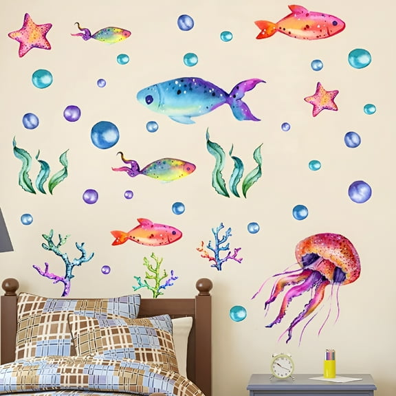 LAMIRO Glow in The Dark Ocean Animals Wall Sticker Ocean Themed Fluorescent Stickers Under The Sea Ocean Fish Jellyfishes Luminous Wall Decals for Kids Bathroom Bedroom Living Room Nursery