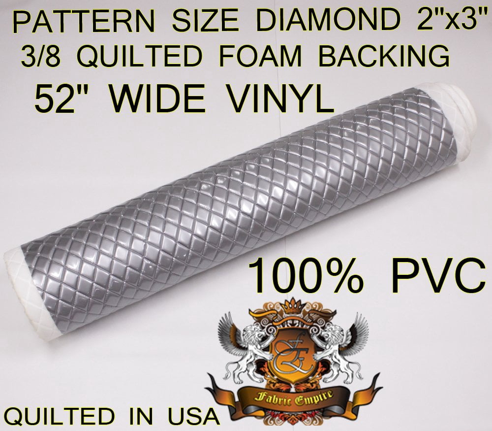 Quilted Vinyl Padded Upholstery Fabric w 3/8" Foam Backing Glossy Grain 2"x3" Diamond /52" Wide/Continuous Yard/ Car Seat Upholstery, Classic Car Restoration, Patio Outdoor Furniture Vinyl (SILVER)