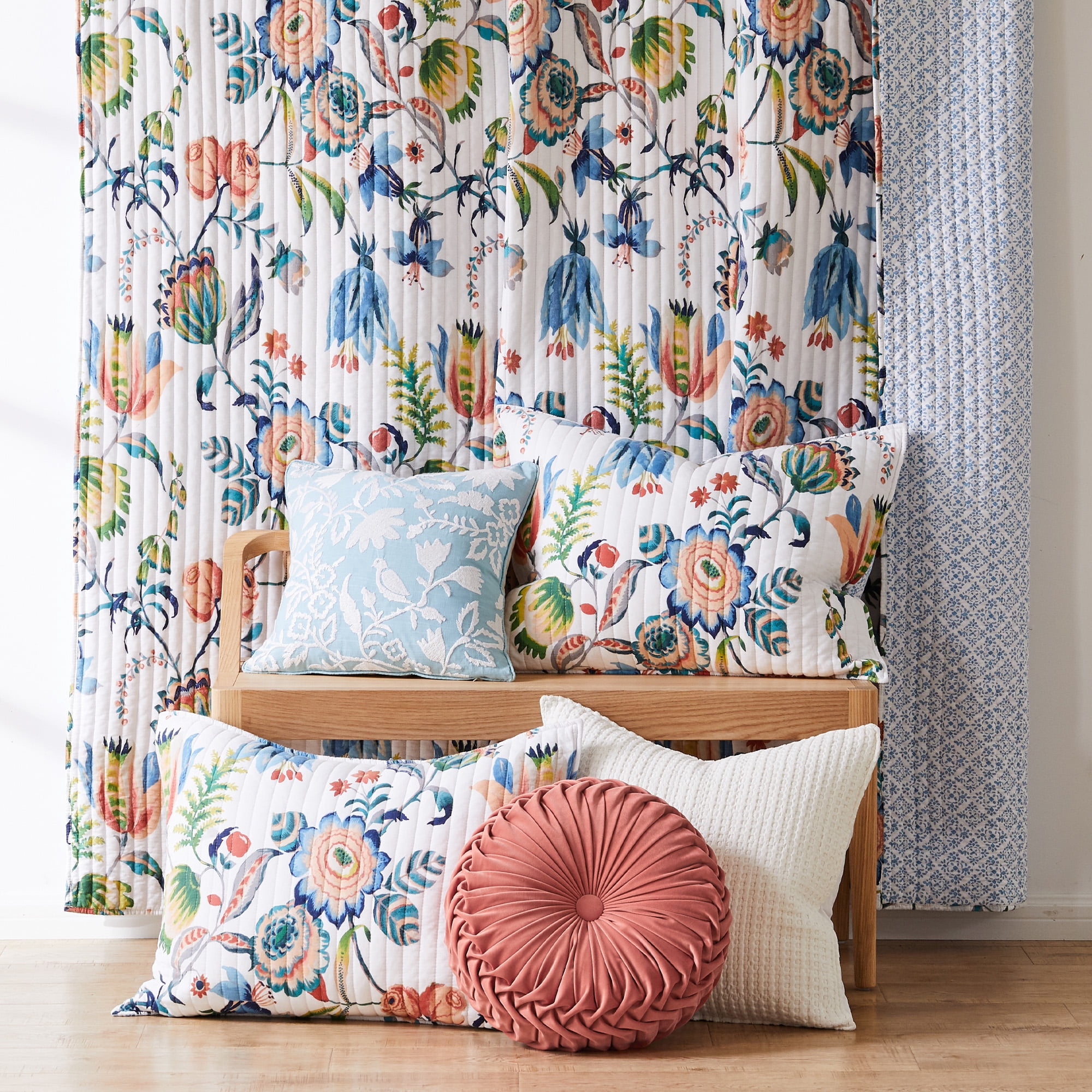 Levtex Home - Eleni Quilt Set - Full/Queen Quilt and Two Standard Shams - Floral - Blue, Navy, Coral, Green, White - Quilt (88x92in.) and Shams (20x26in.) - Reversible - Cotton