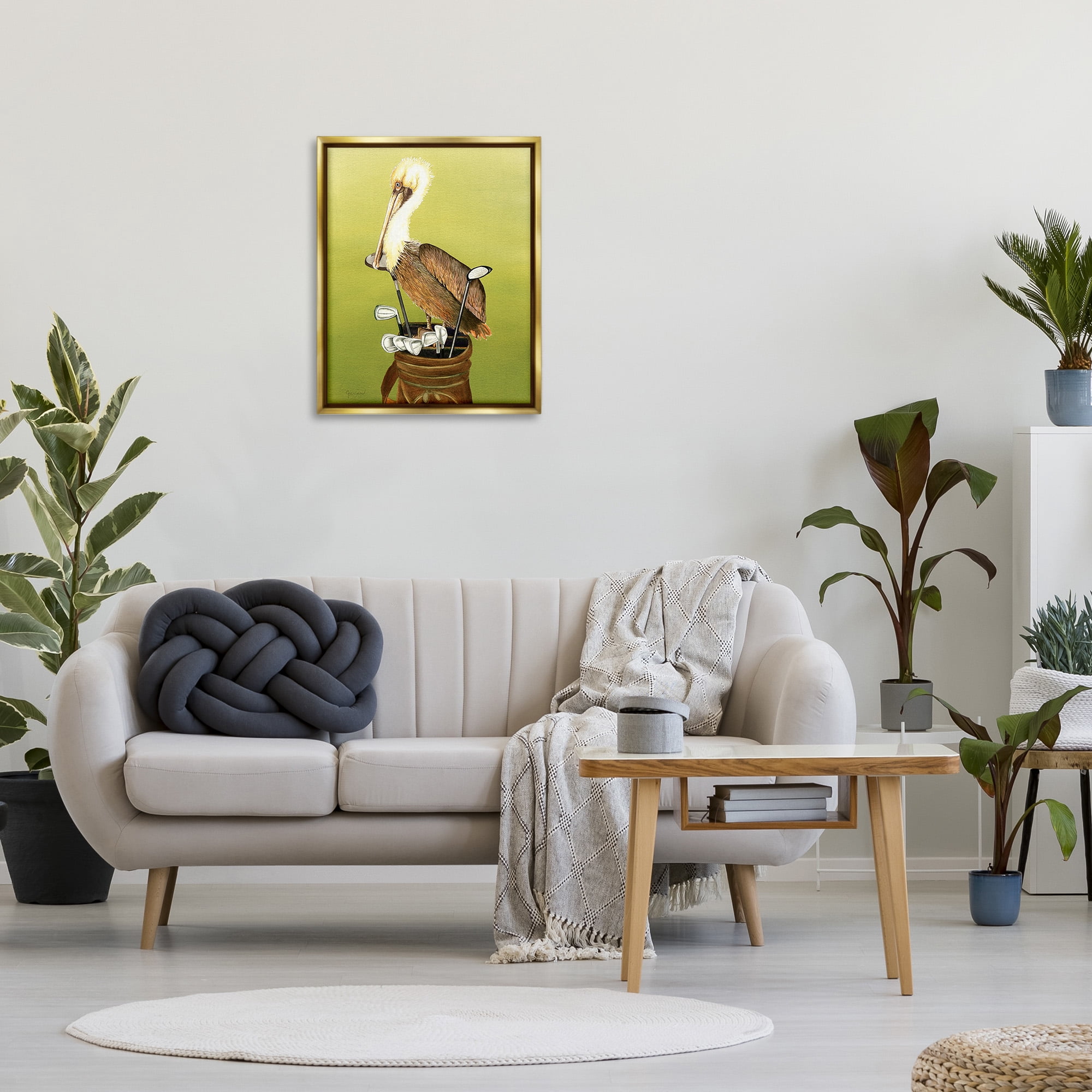 Stupell Industries Pelican on Golf Clubs Animals & Insects Painting Gold Floater Framed Canvas Art Print Wall Art, 25 x 31