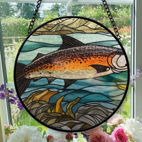 Stained Glass Window Hanging Pacific Salmon - Stained Glass Window Hanging Pacific Salmon, Festival Gift Ornament, Home Wall & Window Art, Brightens Any Space with Light