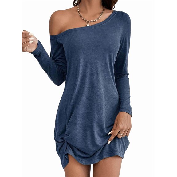 Womens One Shoulder Tunic Long Sleeve Solid Twist Hem Mini Dress Dressy Casual Loose Spring Summer Dress Blue S
