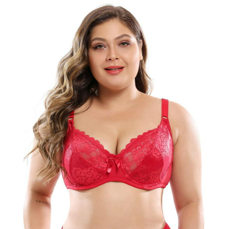 Plus Size Red Lace Padded Underwired Plunge Bra