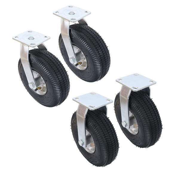 10 Inch Pneumatic Caster Wheel Set (4-Pack) - Swivel & Rigid - 5/8" Bore - 300lb Capacity - Black - for Trailers, Dollies, & Manual Equipment