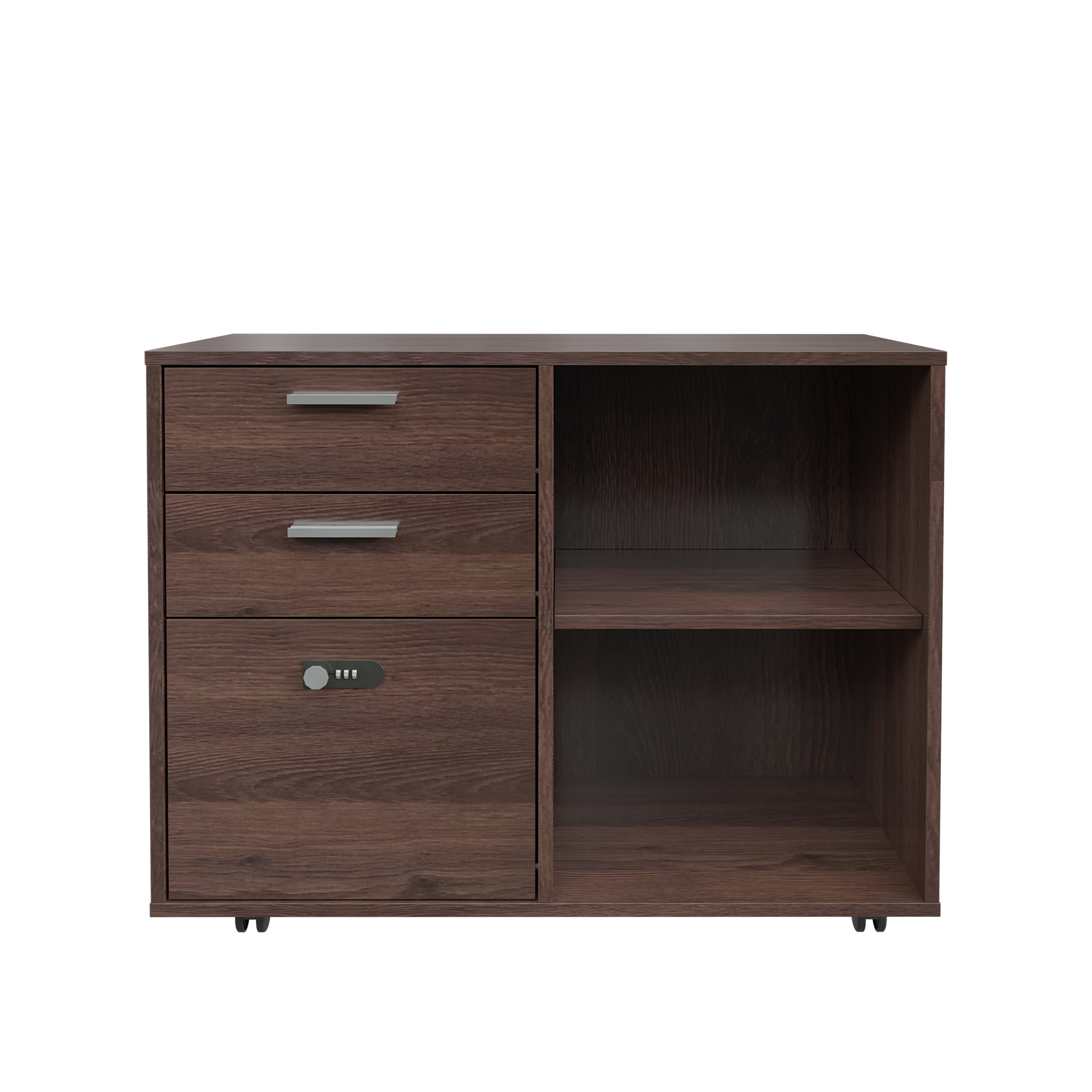 Wooden Home Office Pulley Movable File Cabinets with Password Lock, File Cabinet with Open Storage Shelves and Two Drawers, Low cabinet with 5 Universal Wheels, Easy to Assemble, Brown Oak - image 3 of 7