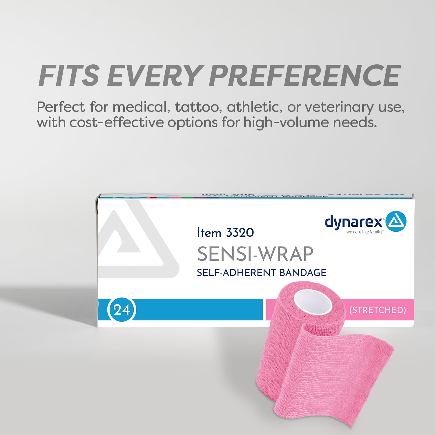 Dynarex Sensi-Wrap Self-Adhesive Bandages, 24-Pack, 3" x 5 yards, Pink, Latex-Free, Colored Elastic Cohesive Athletic Tape, Tattoo Grip & Vet Wrap