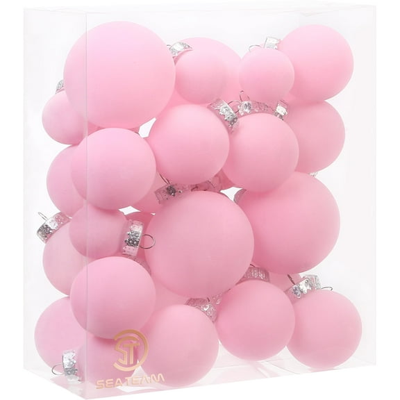 Sea Team 32-Pack Flocked Velvet Christmas Tree Ball Ornaments Set, Decorative Hanging Baubles, Shatterproof Plastic Decorations for Xmas Tree, Wreath, Garland, Multi-sized, Pink