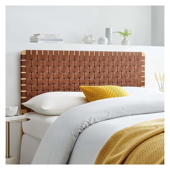 Sparta Vegan Leather Weave Full Headboard in Natural Brown Faux Leather Full Headboard Only, Height Adjustable Headboard, Freestanding Headboard for Teenager's Bedroom