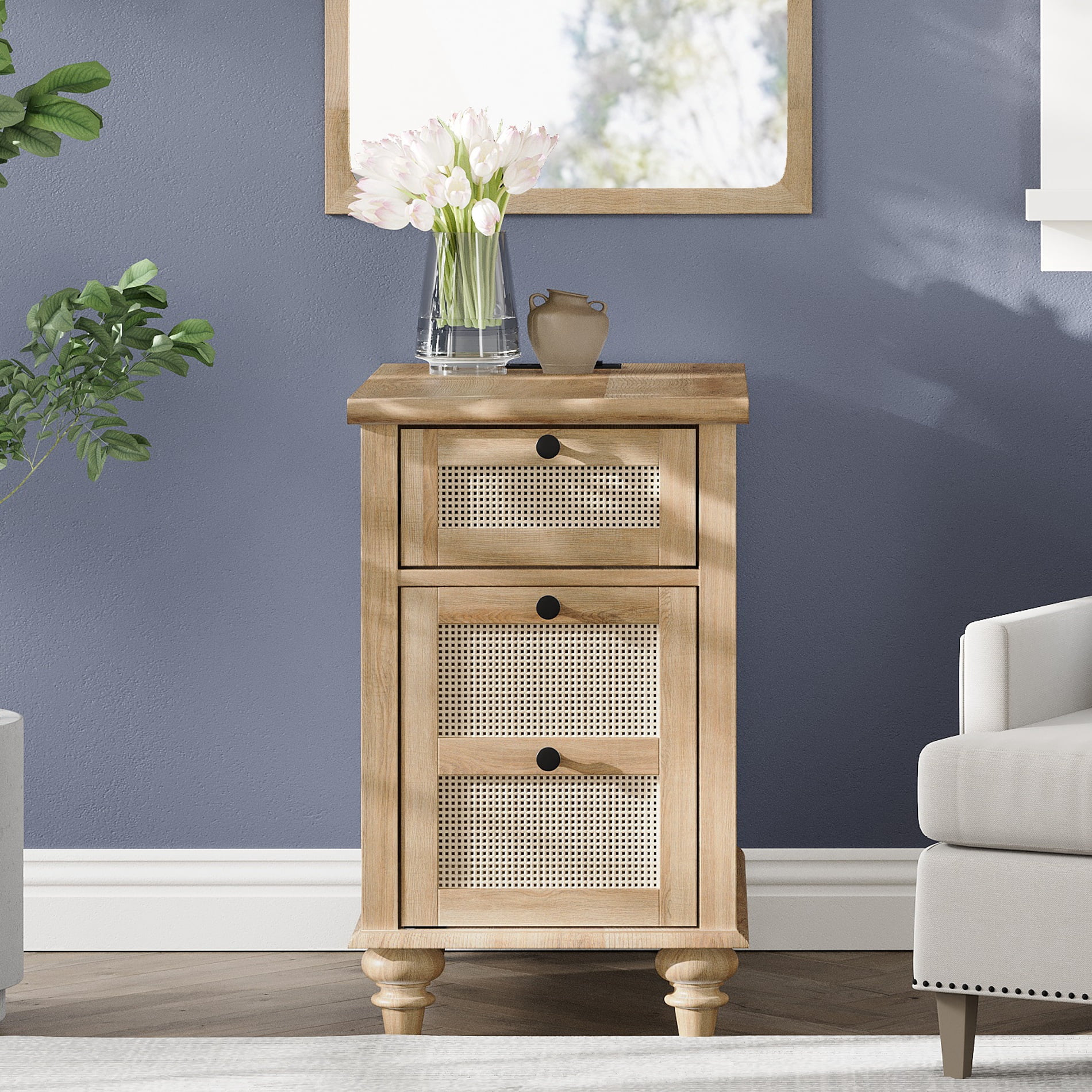 Farmhouse Oak Side Table – Wooden End Table with Charging Station, Rattan Nightstand for Bedroom Living Room