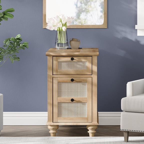 Oak Farmhouse End Table with Charging Station, Wooden Side Table with Rattan Drawer and Cabinet for Living Room Bedroom
