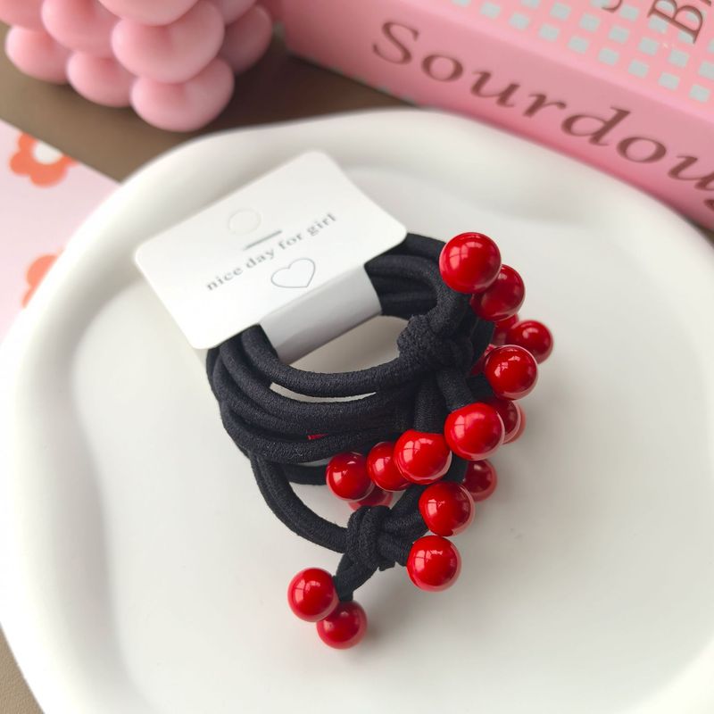 5pcs hair band festive big red four beads head rope knot elastic band thick hair ring student simple elastic band head rope
