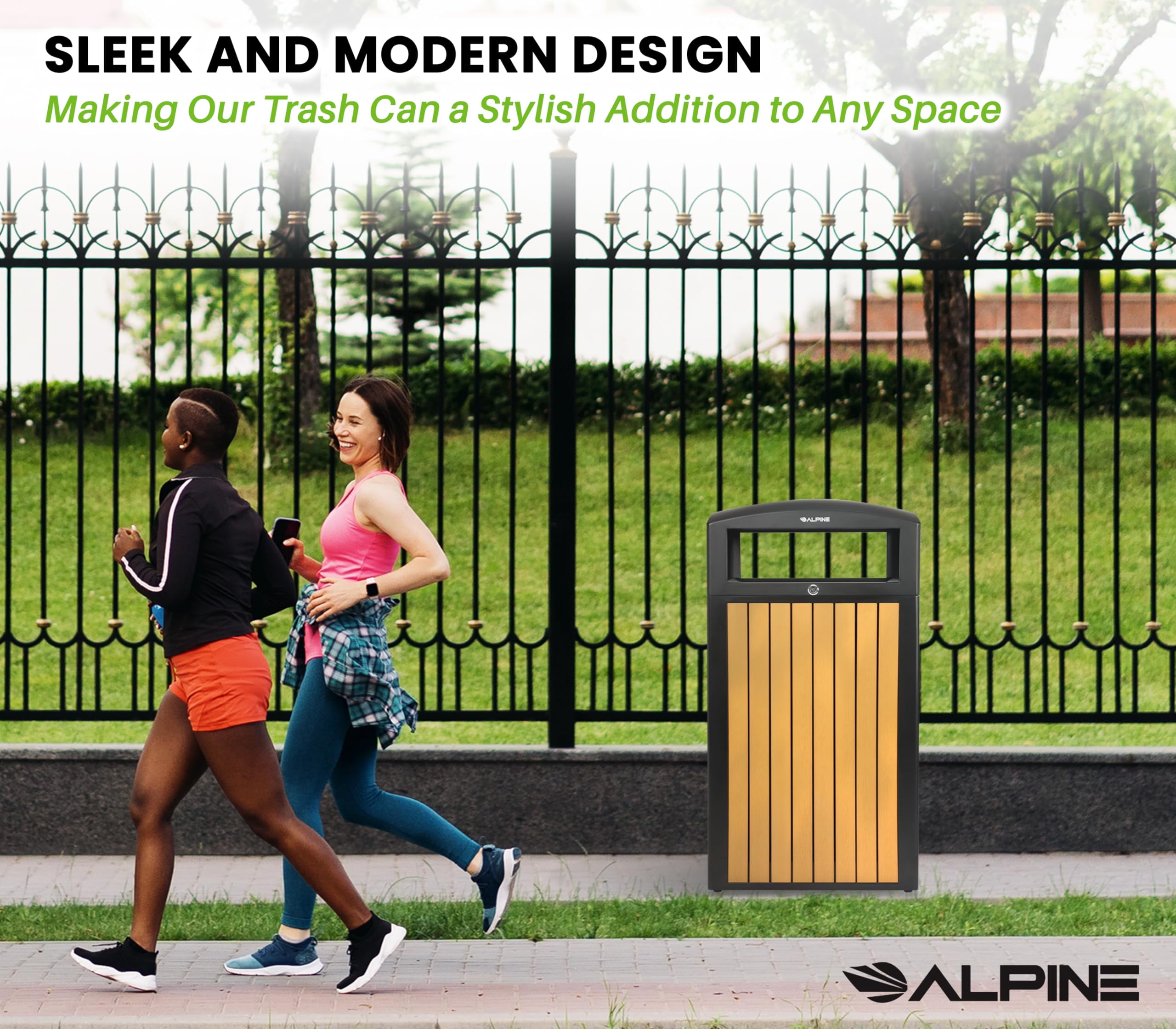 Alpine 40 Gallon Commercial Outdoor Trash Can with Lid - Modern Heavy Duty Large Outdoor Garbage Can with Durable Plastic Bin, Slatted Recycled Plastic Panels Perfect for Patio, Parks, Trails & Resor