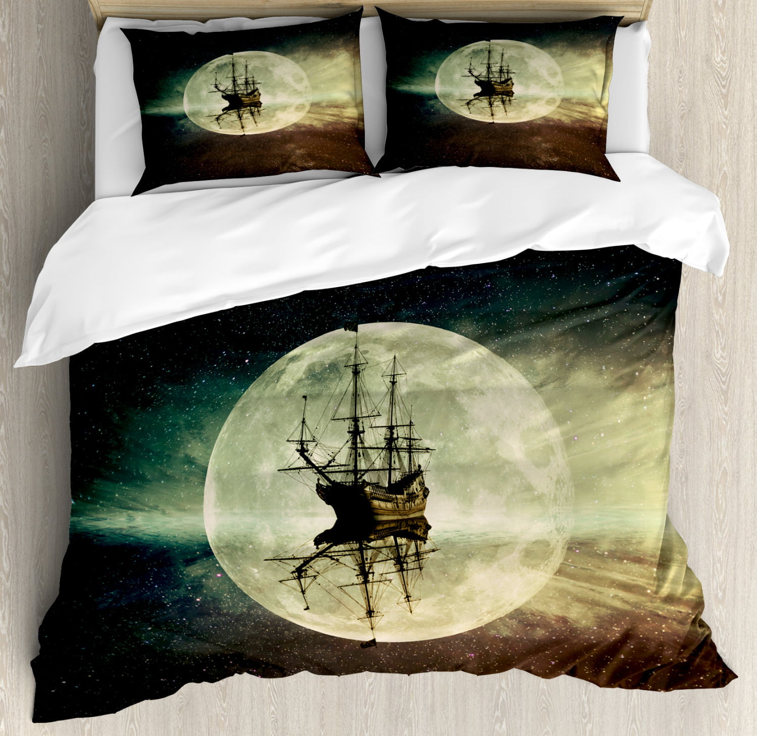 Fun Quilted Bedspread & Pillow Shams Set Pirate Ship Ocean Print