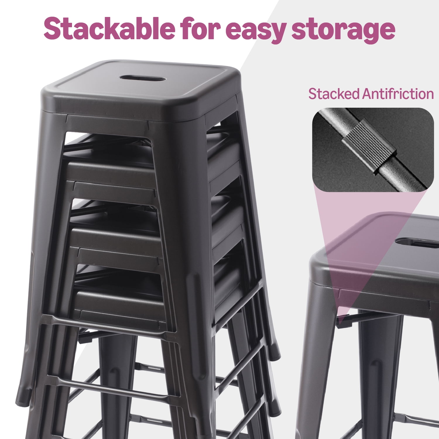VOLIX 24inches Black Stackable Metal Bar Stool Backless Indoor-Outdoor Counter Stools Set of 4
