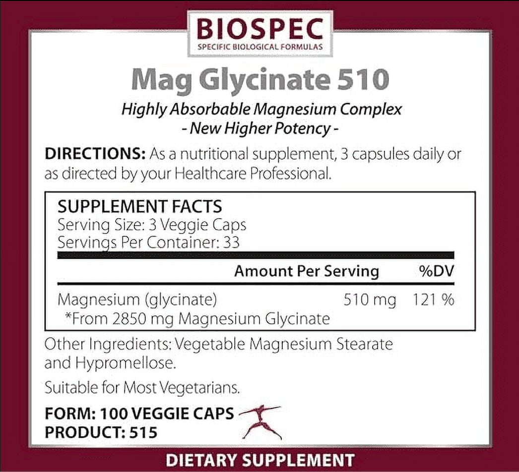 Biospec Nutritionals Mag Glycinate 510 – Magnesium Glycinate – Nutritional Supplement for Stress, Heart Health, Nerves, Muscles, Energy, and Metabolism* - (100 Capsules)